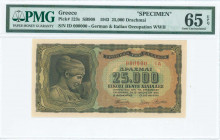 GREECE: Specimen of 25000 Drachmas (12.8.1943) in black on brown, light blue and green unpt with Nymph Deidamia at left. S/N: "000000 ΙΔ" with suffix....