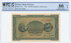 GREECE: 100000 Drachmas (21.1.1944) in black on brown, blue and green unpt with ancient athenian coin of 4 Drachmas at left and right. S/N: "AZ 187668...