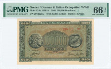 GREECE: 100000 Drachmas (21.1.1944) in black on brown, blue and green underprint with ancient athenian coin at left and right. S/N: "296422 EΓ" with s...