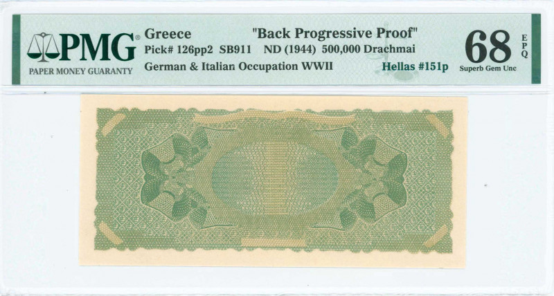 GREECE: Color proof of back of 500000 Drachmas (20.3.1944) in green and light br...