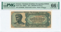 GREECE: 1 million Drachmas (29.6.1944) in black on blue-green and pale orange underprint with youth of Anticythera at left. S/N: "ΑZ 249469" with pref...