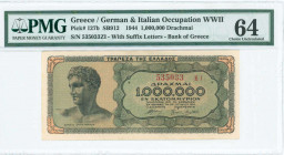 GREECE: 1 million Drachmas (29.6.1944) in black on blue-green and pale orange unpt with youth of Anticythera at left. S/N: "535033 ΞI" with suffix and...