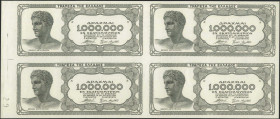 GREECE: Left marginal color proof block of four of 1 million Drachmas (29.6.1944) in black with youth from Anticythera at left. Uniface. Printed numbe...