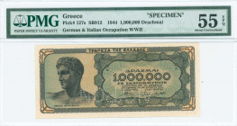 GREECE: Specimen of 1 million Drachmas (29.6.1944) in black on blue-green and pale orange unpt with youth from Anticythera at left. Without S/N. Horiz...