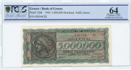 GREECE: 5 million Drachmas (20.7.1944) in black and dark blue on pale orange unpt with ancient coin from Syracuses with Arethusa at left. S/N: "458348...