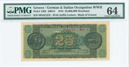 GREECE: 25 million Drachmas (10.8.1944) in dark green and green with ancient coin from Dodoni at left and right. S/N "385441 EH" with suffix and numbe...