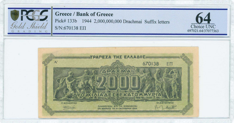 GREECE: 2 billion Drachmas (11.10.1944) in black on light green unpt with Panath...