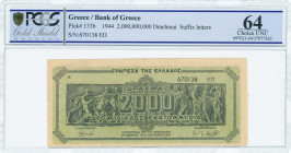 GREECE: 2 billion Drachmas (11.10.1944) in black on light green unpt with Panathenea detail from Parthenon frieze. S/N: "670138 ΕΠ" with suffix and nu...