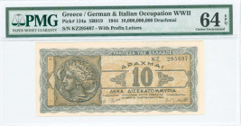 GREECE: 10 billion Drachmas (20.10.1944) in black and dark blue on light brown unpt with ancient coin from Syracuses with Arethusa at left. S/N: "KZ 2...