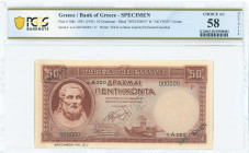 GREECE: Specimen of 50 Drachmas (1.1.1941 - issued on 2.1.1945) in red with Hesiod at left. S/N: "α.A-200 000000". Small black diagonal ovpts "SPECIME...