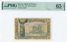 GREECE: 50 Drachmas (9.11.1944) in brown on blue and gold unpt with statue of Nike of Samothrace at left. S/N: "BΛ 438271". Printed in Athens. Inside ...