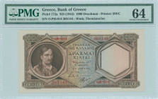 GREECE: 1000 Drachmas (ND 1944) in dark brown on blue and brown unpt with Theodoros Kolokotronis at left. First type S/N: "o.Φ-014 305144". WMK: Gener...