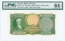 GREECE: 500 Drachmas (ND 1945) in green on light orange unpt with portrait of Kapodistrias at left. Second type S/N: "Θ.14- 171460". WMK: Ancient bust...