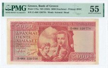 GREECE: 5000 Drachmas (ND 1945) in red on multicolor unpt with personification of Motherhood at center. First type S/N: "Z.064 120778". WMK: Goddess A...