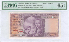GREECE: Specimen of 5000 Drachmas (ND 1947) in purple on multicolor unpt with personification of Motherhood at center. S/N: "M.01 000000". Two red ovp...