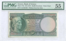 GREECE: 20000 Drachmas (ND 1947) in dark green on multicolor unpt with Athena at left. S/N: "Τ.15- 945180". Variety: Without security strip. WMK: God ...