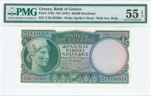 GREECE: 20000 Drachmas (ND 1947) in dark green on multicolor unpt with Athena at left. S/N: "T.38- 236596". Variety: Security strip. WMK: God Apollo. ...