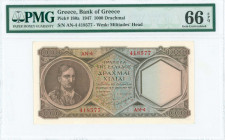 GREECE: 1000 Drachmas (9.1.1947) in dark brown on blue and orange unpt with Theodoros Kolokotronis at left. S/N: "AN-4 418577". WMK: General Miltiades...