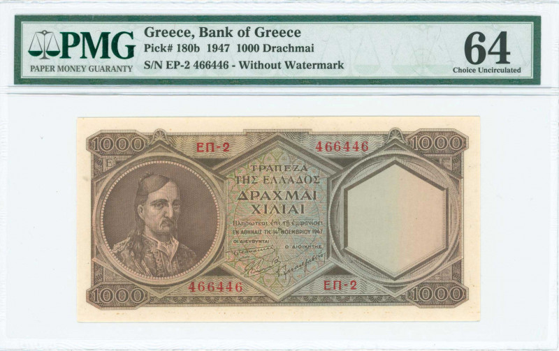 GREECE: 1000 Drachmas (14.11.1947) in dark brown on blue and orange unpt with Ko...