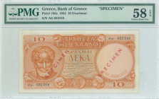 GREECE: Specimen of 10 Drachmas (15.1.1954) in orange on multicolor unpt with Aristotle at left. S/N: "αγ- 033319". Two diagonal red ovpts "SPECIMEN" ...