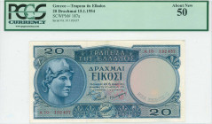 GREECE: 20 Drachmas (15.1.1954) in blue on multicolor with Athena at left. S/N: "A.10- 192437". WMK: God Apollo. Printed by Bank of Greece. Inside hol...