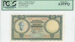 GREECE: 50 Drachmas (15.1.1954) in deep green and green on orange and blue unpt with personification of Health at left. S/N: "A.03 300084". WMK: God A...