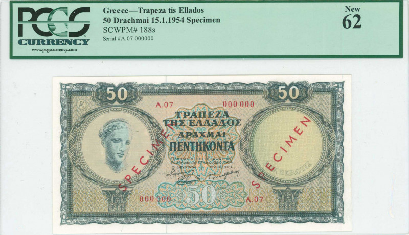 GREECE: Specimen of 50 Drachmas (15.1.1954) in dark green and green on orange an...