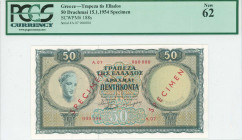 GREECE: Specimen of 50 Drachmas (15.1.1954) in dark green and green on orange and blue unpt with personification of Health at left. S/N: "A.07 000000"...