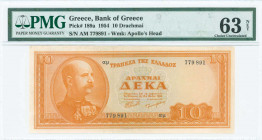 GREECE: 10 Drachmas (15.5.1954) in orange on light blue unpt with King George I at left. S/N: "αμ 779891". WMK: God Apollo. Printed by Bank of Greece....