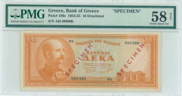 GREECE: Specimen of 10 Drachmas (15.5.1954) in orange on light blue unpt with King George I at left. S/N: "αη 000000". Two diagonal red ovpts "SPECIME...