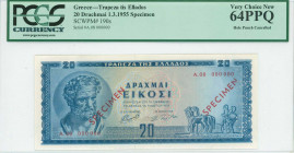 GREECE: Specimen of 20 Drachmas (1.3.1955) in blue on light green and light orange unpt with Demokritos at left. S/N: "A.08 000000". Two diagonal red ...