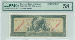 GREECE: Specimen of 50 Drachmas (1.3.1955) in deep green on light blue, orange and light green unpt with Pericles at center. S/N: "αφ. 000000". Two di...