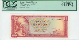GREECE: 100 Drachmas (31.3.1954) in red on yellow and green unpt with Themistocles at left. S/N: "A.01 749448". WMK: General Miltiades. Signature by M...