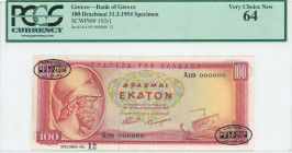 GREECE: Specimen of 100 Drachmas (31.3.1954) in red on yellow and green unpt with Themistocles at left. S/N: "A.09 000000". Two printers oval specimen...