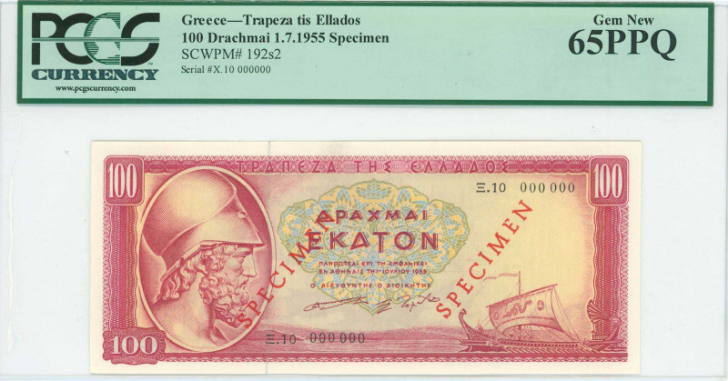 GREECE: Specimen of 100 Drachmas (1.7.1955) in red on yellow and green unpt with...