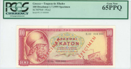 GREECE: Specimen of 100 Drachmas (1.7.1955) in red on yellow and green unpt with Themistocles at left. S/N: "Ξ.10 000000". Two diagonal red ovpts "SPE...