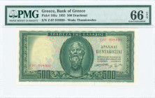 GREECE: 500 Drachmas (8.8.1955) in deep green on light blue, light orange and light green unpt with Socrates at center. S/N: "Z.07 918920". WMK: Gener...