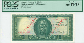 GREECE: Specimen of 500 Drachmas (8.8.1955) in deep green on light blue, light orange and light green unpt with Socrates at center. S/N: "Δ.10 000000"...