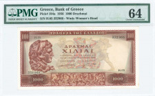 GREECE: 1000 Drachmas (16.4.1956) in deep brown on ochre, blue and red unpt with portrait of Alexander the Great at left. S/N: "H.05 332966". WMK: Aph...