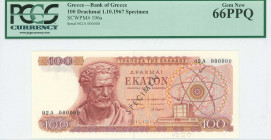 GREECE: Specimen of 100 Drachmas (1.10.1967) in red and dark red on multicolor unpt with Demokritos at left. S/N: "02A 000000". Diagonal black ovpt "S...