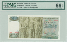 GREECE: 500 Drachmas (1.11.1968) in green and dark green on multicolor unpt with Goddess Demeter, Triptolemos and Persefoni at center left. S/N: "10H ...