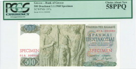 GREECE: Specimen of 500 Drachmas (1.11.1968) in green and dark green on multicolor unpt with Goddess Demeter, Triptolemos and Persefoni at center left...