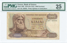 GREECE: 1000 Drachmas (1.11.1970 / issued in 1972) in brown on multicolor unpt with Zeus at left. S/N: "12Λ 322032". Variety: Inverted WMK. WMK: Youth...