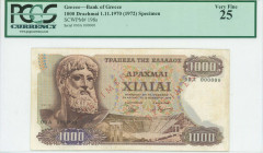 GREECE: Specimen of 1000 Drachmas (1.11.1970 / issued in 1972) in brown on multicolor unpt with Zeus at left. S/N: "00A 000000". Two diagonal red ovpt...