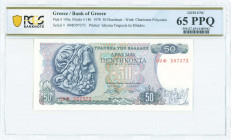 GREECE: 50 Drachmas (8.12.1978) in blue on multicolor unpt with God Poseidon at left. S/N: "09Φ 597373". WMK: The Charioteer from Delphi. Printed by B...
