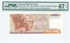 GREECE: 100 Drachmas (8.12.1978) in red and violet on multicolor unpt with Athena at left. S/N: "45Σ 756115". Variety: Letter "Λ" at lower left on bac...