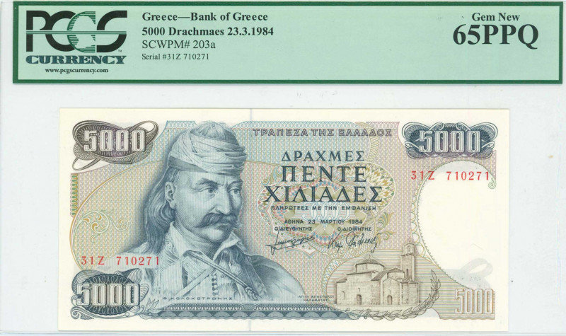 GREECE: 5000 Drachmas (23.3.1984) in dark blue on multicolor unpt with Theodoros...