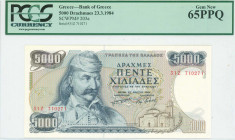GREECE: 5000 Drachmas (23.3.1984) in dark blue on multicolor unpt with Theodoros Kolokotronis at left. S/N: "31Z 710271". WMK: The Charioteer from Del...