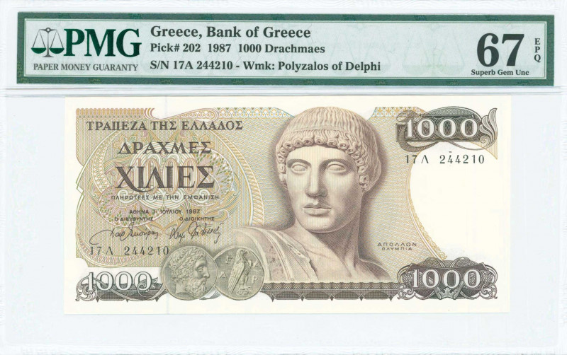 GREECE: 1000 Drachmas (1.7.1987) in dark brown on multicolor unpt with Apollo at...