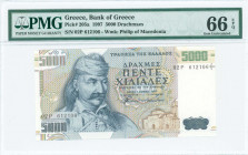 GREECE: 5000 Drachmas (1.6.1997) in dark blue on multicolor unpt with Theodoros Kolokotronis at left. S/N: "02P 612106". WMK: Philip the second and sm...